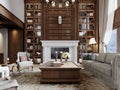 Large sitting area with high ceilings and American style wood paneling on the walls and a large window to the ceiling