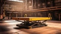 A large sized hydraulic lift table being used in a large warehouse..Generative Ai