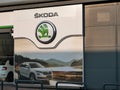 Large Skoda sign in car showroom window