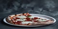 A large slice of pepperoni pizza on a white paper plate with a dark background setting. Royalty Free Stock Photo