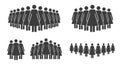 Large and small black groups of women. Stick figures people crowd icon set. Flat vector illustration isolated on white