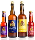 Large and small bottles of belgian Steenbrugge beers isolated on white Royalty Free Stock Photo