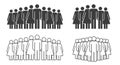 Large and small solid black and outline groups of men and women. Flat vector illustration isolated on white