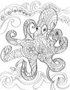 Large Smart Octopus Swimming In Ocean With High Waves Background. Octopi Swims Under Sea Water With Wavy Backdrop