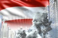 Big smoke pillar in the modern city - concept of industrial disaster or terrorist act on Austria flag background, industrial 3D
