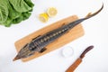 Large smoked sturgeon fish with head on white background