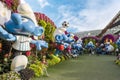 Large Smurfs dolls in clothes of national football teams from World Cup in botanical Dubai Miracle Garden in Dubai city, United