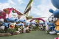 Large Smurfs dolls in clothes of national football teams from World Cup in botanical Dubai Miracle Garden in Dubai city, United