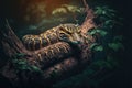 a large snake is sitting on a tree branch in the dark night time, with leaves on the branches and a branch with leaves on the Royalty Free Stock Photo