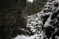 Large snow-covered canyon in the winter mountains