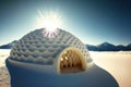 Large snow igloo against blue sky and sun