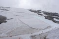 A large snow tarpaulin protecting the ice of the Hintertux glacier in the Alps, a ski slope is leading in between Royalty Free Stock Photo