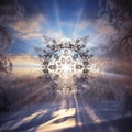 A large snowflake on the background of a winter landscape. AI Generated Royalty Free Stock Photo