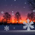 Large snowflakes float in the foreground against a snowy landscape Royalty Free Stock Photo