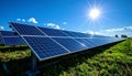Large solar panel array on metal stands in green grassy field under bright sun with blue sky Royalty Free Stock Photo