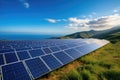 A large solar panel sits atop a lush green hillside, harnessing renewable energy from the suns rays, Solar panels laid out on a Royalty Free Stock Photo