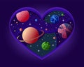 Concept illustration of big heart as galaxy with planets, mars, jupiter, venus, space clouds and stars.
