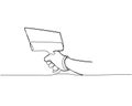 Large spatula for plaster in hand, protective gloves one line art. Continuous line drawing of repair, professional, hand