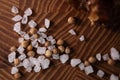 Large spices on a wooden Board. Restaurant menu, a series of photos of various dishes