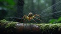 a large spider is sitting on a mossy branch in the rain