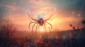 A large spider sitting on top of a grass covered field. Generative AI image.