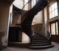 Large spiral staircase in an abandoned complex. Generative AI Royalty Free Stock Photo