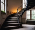 Large spiral staircase in an abandoned complex. Generative AI Royalty Free Stock Photo
