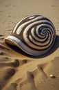 Swirl Patterned Shell on Sandy Shoreline with Rippled Sand Dunes Texture Royalty Free Stock Photo