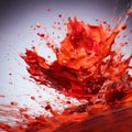 large Splash of satiny red paint and many tiny drops with speed blur on a gradient background