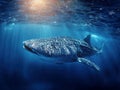 A large, spotty whale shark glides in a deep blue ocean under diffuse sunlight The composition emphasizes the creatures size and Royalty Free Stock Photo