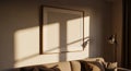 Large square empty frame on a wall illuminated by warm sunlight casting window pane shadows Royalty Free Stock Photo