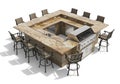 Spacious square outdoor kitchen island with built in grill and seating for entertaining guests Royalty Free Stock Photo