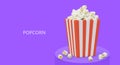 Large square striped popcorn bucket. Realistic illustration of movie snack in package Royalty Free Stock Photo