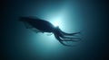 A large squid elegantly swims through the dark waters, illuminated by a soft glow from above Royalty Free Stock Photo
