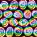 Large squiggly wiggly swirly whirly spiral circles that look hand drawn in a rainbow swirl seamless tile