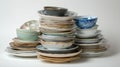 Large Stack of Assorted Ceramic Plates and Bowls in Various Colors and Patterns Isolated on White Background for Kitchenware Royalty Free Stock Photo