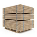 Stack of Particle Board Sheets on a Wooden Pallet Isolated on White wood panels lumber Royalty Free Stock Photo