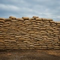 A large stack of burlap sandbags forms a sturdy wall, possibly for flood control or Royalty Free Stock Photo