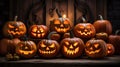 A large stack of carved halloween pumpkins. Generative AI