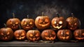 A large stack of carved halloween pumpkins. Generative AI