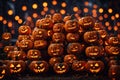 A large stack of carved halloween pumpkins with light. ai generative