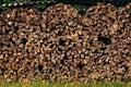 Large stack of chopped firewood on farmland drying in summer