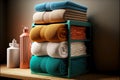 large stack clean bath towels lies on wooden shelf