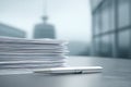 Large stack of documents next to a silver pen on a table in a modern office setting Royalty Free Stock Photo