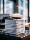Large stack of freshly printed white papers neatly piled on an office printer in a professional workplace environment with blurred Royalty Free Stock Photo