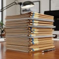 A large stack of manila folders with blue tabs is neatly arranged on a wooden desk, Royalty Free Stock Photo