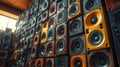 A large stack of music audio speakers Royalty Free Stock Photo
