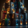 A large stack of music audio speakers, generative AI