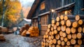 A large stack of neatly cut logs is in the foreground, with a rustic wooden building and more wood stacks blurred in the Royalty Free Stock Photo