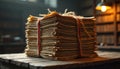 Large stack of old aged paper documents tied with red string sits on rustic wooden table. Warm lamp light brightens background of Royalty Free Stock Photo